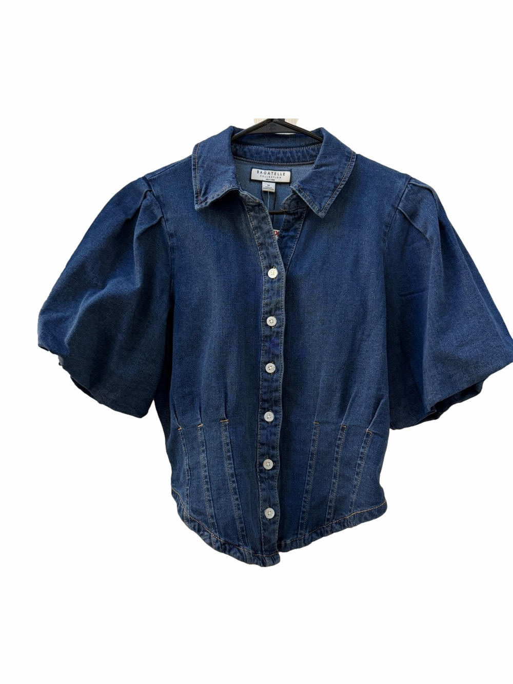 NWT Bagatelle Collection Denim Button-Up Blouse with Puff Sleeves Medium - Picture 2 of 11